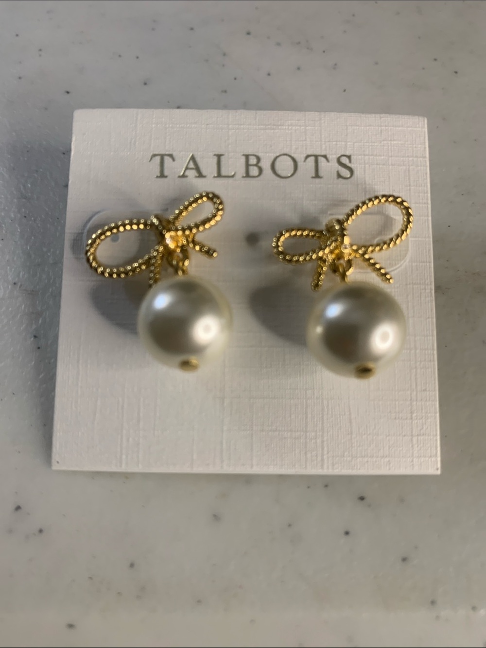 Talbots Gold Bow Earrings with Cream Faux Pearl Drops